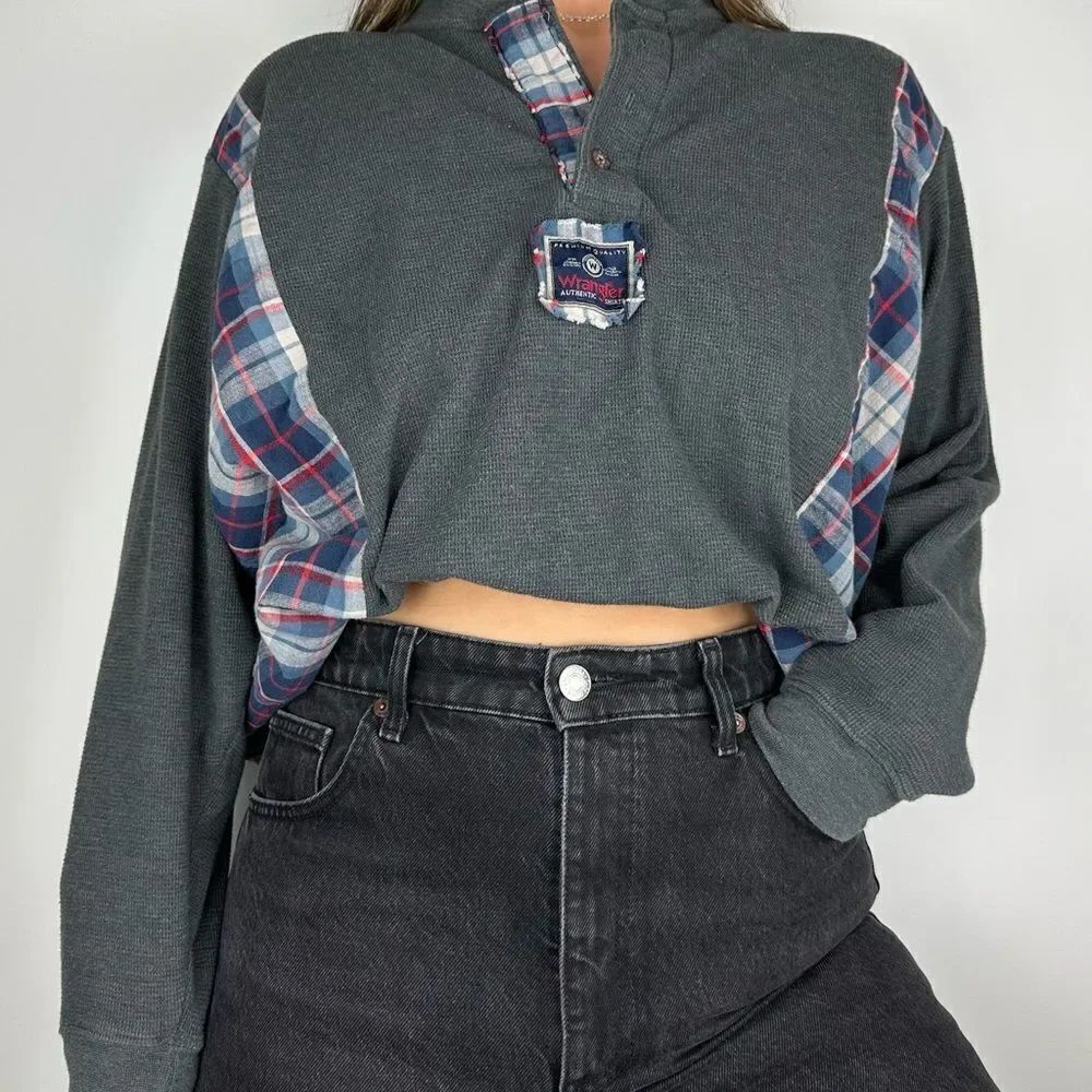 Wrangler Henley Long Sleeve Flannel Western County Relaxed Oversize Shirt Top